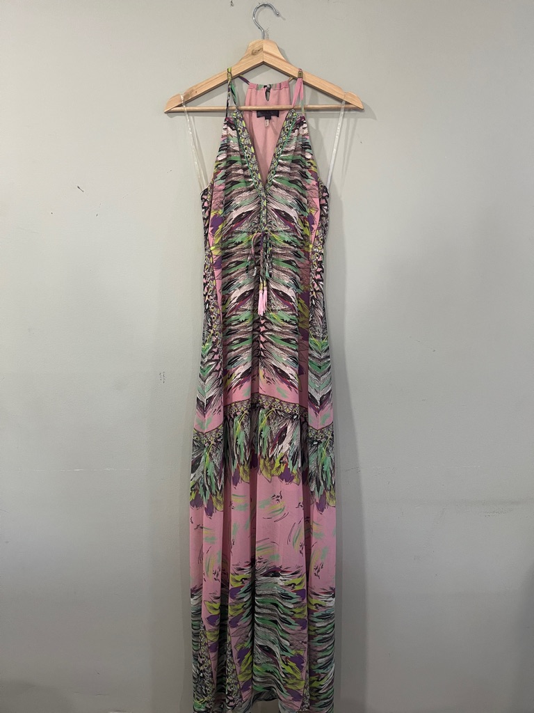 Hale Bob Pink Multi-Print Halter Maxi Dress With Green Accents